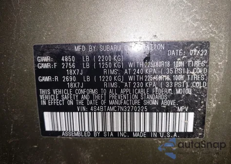 2022 Subaru Outback Limited from USA, damaged, VIN 4S4BTAMC7N3270225